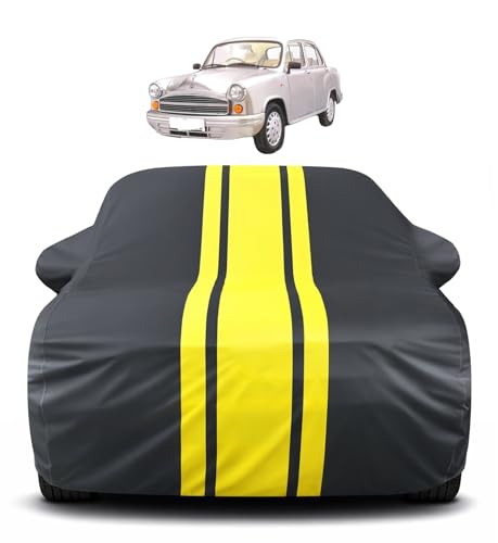 Image of Auto Hub Car Cover Compatible with Hindustan Ambassador with Mirror Pocket, Soft Cotton Lining, Ambassador Car Cover Waterproof - Yellow-Black