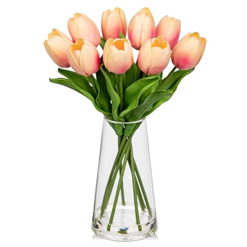 Fake Tulips Artificial Tulip Flowers in Glass Vase with Faux Water, 14.2
