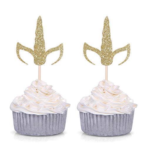 Set of 24 Gold Glitter Unicorn Horn and Ears Cupcake Toppers Baby Shower Kid's Birthday Party Decorations