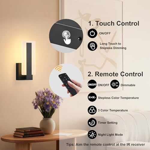 Image of KARTOOSH Rechargeable Wireless Wall Sconces,Battery Operated Modern Wall Light Set of Two with Remote Control,Dimmable,3000K /4000K /6000K,Timer,Cordless Lighting for Hallway,Bedroom,Living Room Black