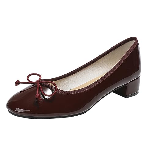 Image of Women's Classic Closed Round Toe Patent Leather Bow Block Heel Loafers - Retro Shallow Slip-On Low Heel Casual Office Dress Shoes