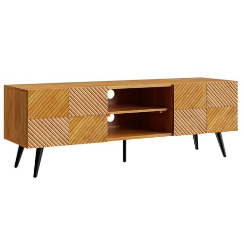 Image of Bme Rhombus Wooden TV Stand with Storage Cabinets - Solid Rubber Wood, Geometric Rhombus Pattern Doors, Scandinavian Modern Entertainment Console with Metal Base