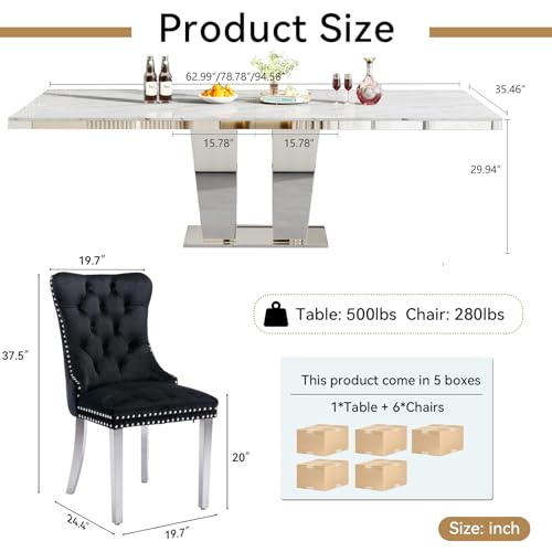 Image of White Faux Marble Extendable Dining Table Set for 6 Mirrored Base | 63 inch-94 inch Mirrored Pedestal Dining Set with 6 Velvet Chair,Modern Large Expandable Kitchen Table Set for Dining Room Gathering