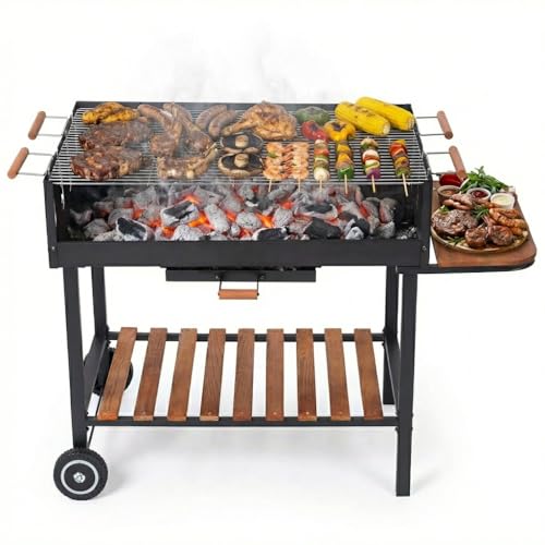 Tarrington House Barbacoa de Carbón Bratislava, Acero/Madera de Pino, Mesa Auxiliar, Ruedas, Rejilla Regulable en Altura, Estantería inferior, Negro