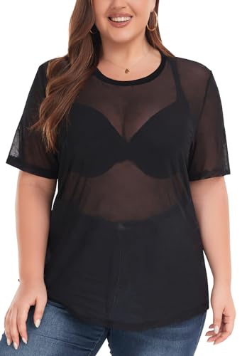 Women's Plus Size Glitter Sheer Mesh Short Sleeve Tee Shirt Top