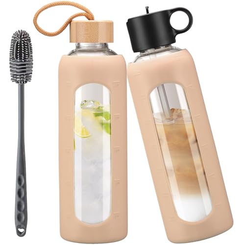 HYDRAGLAZIC 750ml Glass Water Bottle With 2 Lids-Flip Straw Lid, Bamboo Lid, Glass Water Bottle With Silicone Sleeve, Motivational Time Marker, Glass Juice Bottle for Cold Drink,Amber