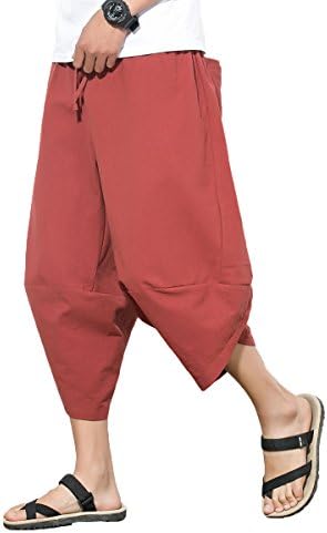 INVACHI Mens Casual Elastic Waist Linen Capri Wide Leg Baggy Harem Pants Trousers Red