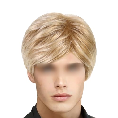 UUYYEO Mens Blonde Short Hair Wig Male Cosplay Wig Men Daily Wear Wig Realistic Mens Wig Layered Synthetic Hair Wig Natural Fluffy Wig Halloween Costume Wig