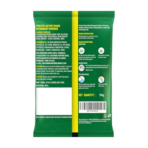 Image of Amazon Brand - Presto! Active Wash Detergent Powder | 10 Kg | Lemon and Mint | Tough On Stains | Gentle On Fabrics