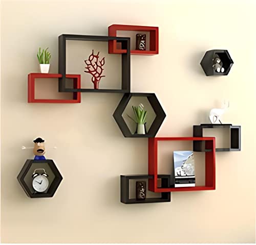 Image of Wooden handicrafts Dazzling Wall Rack Shelves Set MDF -Medium Density Fiber Home Decoration Wall Decor Home Decor (Red Black, Hexa Interlock)