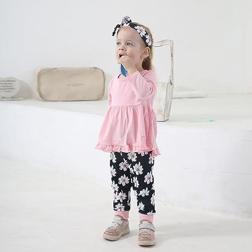 Image of Toddler Baby Girl Clothes Solid Color Long Sleeve Ruffle Tops Pants Headband Outfits Set