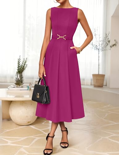 Image of ZESICA Women Summer Sleeveless Midi Dresses 2026 Elegant Boat Neck A Line Tie Waist Spring Cocktail Party Dress