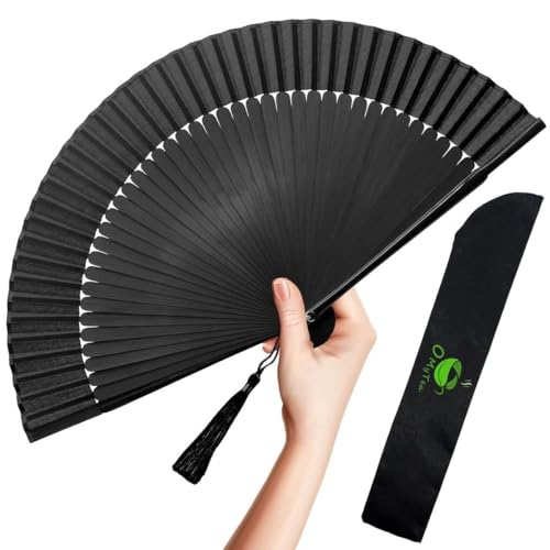 OMyTea Faltbarer Handfächer für Frauen - Faltbarer chinesischer japanischer Bambus-Seidenfächer - für Hot Flash, Kirche, EDM, Musikfestival, Party, Tanz, Dekoration, Geschenk (Solid Sexy Schwarz)