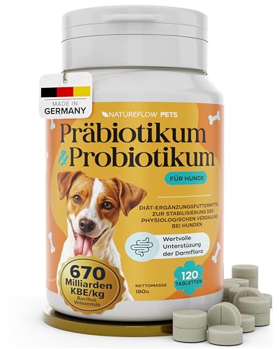 Probiotika Hund mit 670 Milliarden KBE - Optimale Kombi mit Präbiotika für Starke Verdauung - Geprüfte Qualität mit Bakterienstämmen Made in Germany - Darmflora aufbauen, Natureflow Pets Darmkur Hund