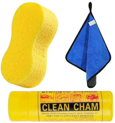 MOMENT 3Pcs Cars Wash Cleaning Tools Kit car Wash Detailing Kit, Microfiber Car Drying Towel/Car Pop Up Sponge/Chamois Drying Cloth