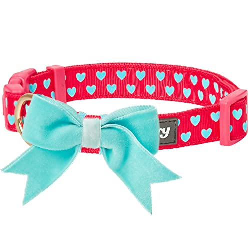 Blueberry Pet Valentins-Herz-Beflockung Hundehalsband in Lust-Rot mit Abnehmbarer Samtiger Fliege, L...