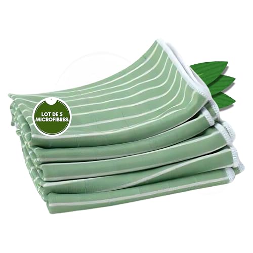 Tech'N'Fast Chiffon Bambou - Essuyage vitre sans Trace, INOX, chromes, miroirs - Lot de 5 Microfibres - Dimensions 48x36cm - Couleurs : Vert-Bleu-Rose (Vert)