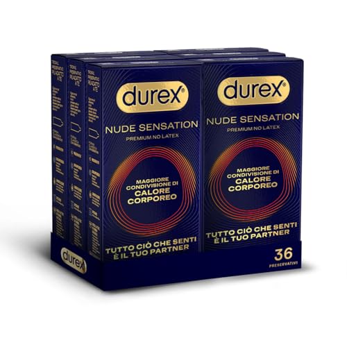 Durex Nude Sensation, Preservativi in Nitrile, Senza Lattice di Gomma Naturale, Ultra Sottili ed Extra Lubrificati, Maggiore Condivisione di Calore Corporeo, vestibilità Regular, 36 Profilattici