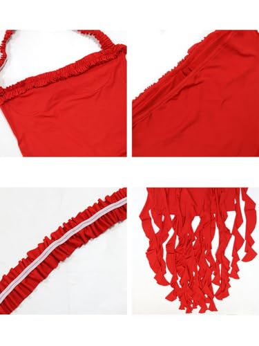 Image of Women's Sexy Fringe Ruffle Halter Neck Off Shoulder Bodycon Blackless Ruched Tassel Hem Mini Flowy Dress
