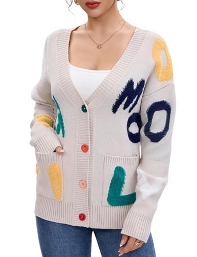 Image of Women's Sheep Embroidered Sweater V-Neck Cardigan - Cable Knit Open Front Coat with Rainbow Buttons Sweater Coat Outwear