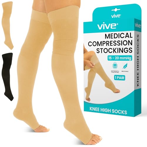 Image of Vive 15-20 mmHg Open Toe Thigh High Compression Socks for Men & Women - Thigh High Compression Stockings & Support Hose for Varicose Veins, Circulation & Pregnancy Support - Over the Knee Leg Sleeve