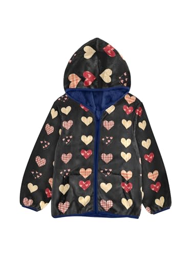 Plaid Heart Black Girls Fleece Jacket Girls Fall Jacket Boys Coats Zip Up Hoodie Children Sherpa Warm Outerwear 2-10T