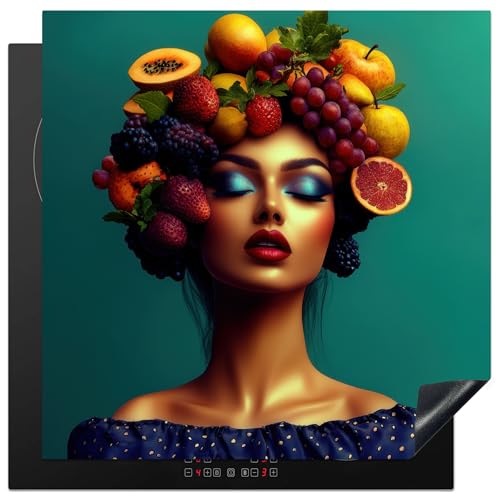 KitchenYeah© Induction Hob Protector Mat 30.7x30.7 / 78x78 cm Cooker Top Protectors Cover Ceramic Covers Electric Hobs Vinyl Woman - Headdress - Tropical - Fruit - Grapes
