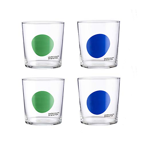 United Colors Of Benetton. Juego De 4 Vasos De Agua De Cristal, 0,33 Ml, Diseño En Color Verde Y Azul