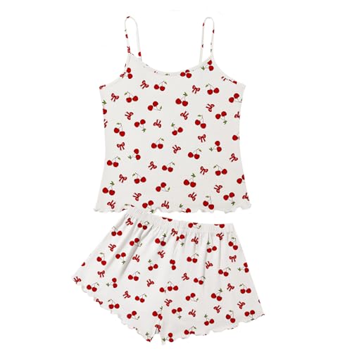 Image of American Trends Cute Pajamas for Women Strawberry Print Cami Top and Shorts Pj Set Two Piece Pajama Set Sleepwear Sleep Set