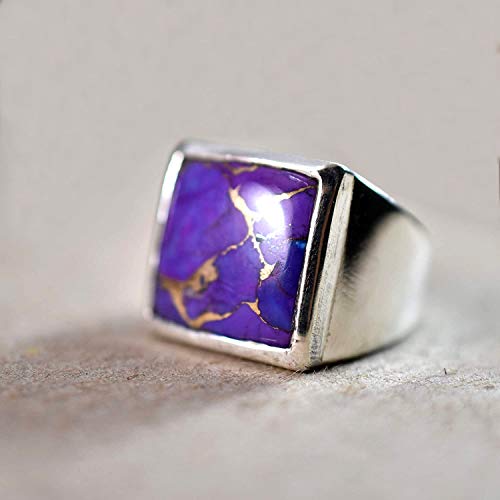 Purple Copper Turquoise Ring, Solid 925 Sterling Silver, Cab Square, Natural Gemstone, Handmade Statement Jewelry, Gift For Him, Boy's Turquoise Ring, Anniversary Gift, Birthday Gift, Size 5-14