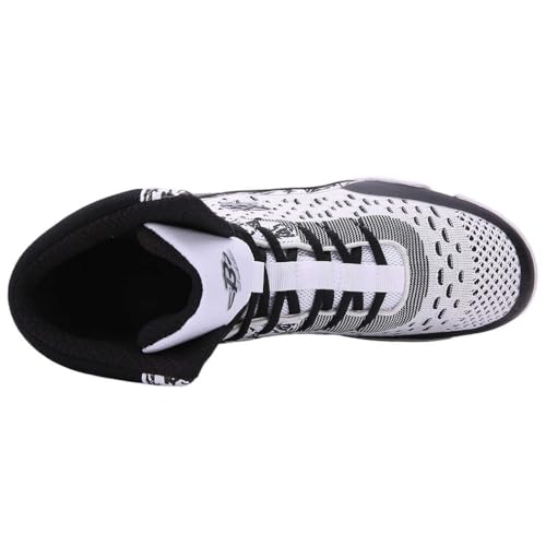 Image of Professional High-Top Boxing Shoes for Men & Women - Lightweight Wrestling Boots with Rubber Grip Sole - Breathable Microfiber & Mesh Training Shoes for MMA, Gym & Lifting (Grey, White, Blue)