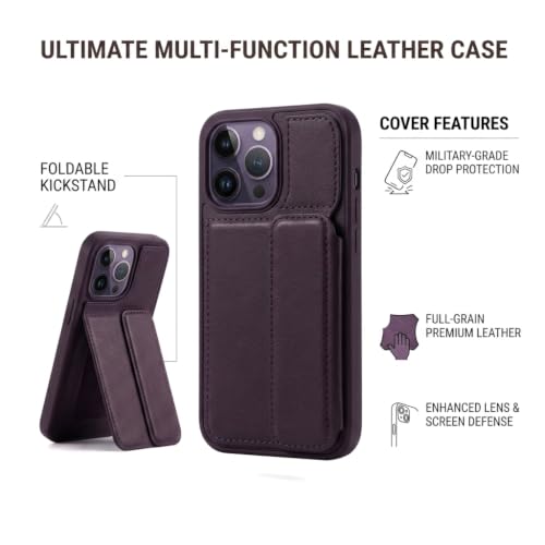 Image of amazon basics Luxury Vegan Leather Back Cover for iPhone 14 Pro | Built-in Card Holder Slot | Integrated Mobile Stand | Slim Shockproof Protective Case with Stitched Finish - Purple