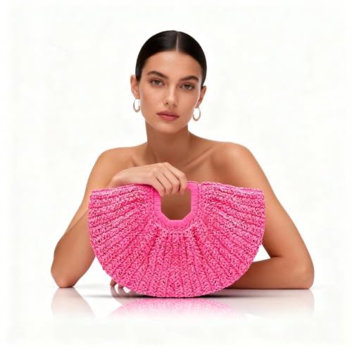 Image of Straw Bag, Beach Bags for Women, Pink Tote Bag, Semi-Circular Woven Beach Hand Bag Handmade Rattan Handbag for Vacation Travel Daily (Hot Pink) | Handmade Natural Straw Bag, Lightweight Large Capacity,Gift for Women,Beach Camping Travel Camping and Dating