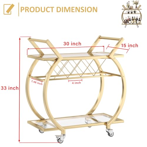 Image of LVB Gold Bar Cart with Glass, Bar Cart with Wheels, Wine Cart with Storage | 2 Tier Glass Shelves Home Bar Serving Cart with Wine Rack, Liquor Cart for Kitchen, Bar, Dinning Room
