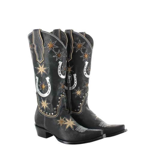 Old Gringo Lucky Star Western Cowboy Boots, Black with Gold Stars and Silver Horseshoes, Handcrafted Leather, Side Zippe3