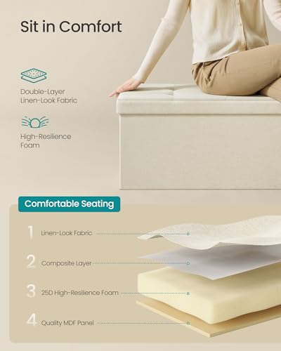 Image of SONGMICS MAZIE Collection - 43 Inches Folding Storage Ottoman Bench, Ottoman Foot Rest, End of Bed Bench, Storage Chest, Load 660 lb, for Living Room, Bedroom, Entryway, Cream White ULSF77BE