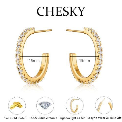 CHESKY Large Rhinestone Post Open Hoop Earrings - 14k Gold Thin Cubic Zirconia Round Hoops 15/20/25/40/50mm Hypoallergenic Sparkly Earrings for Women Trendy Jewelry Gifts