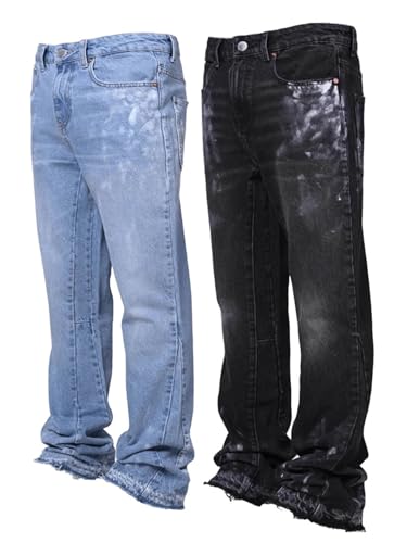 LONGBIDA Men's Stretch Slim Fit Mid-Rise Vintage Flare Jeans with Distressed Frayed Hem - Designer Stacked Jeans4