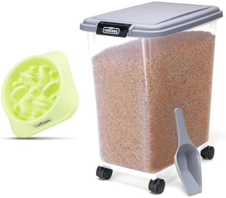 Nobleza - Contenedor de Comida para Mascotas 40L, Mascotas Caja de Alimentos con Ruedas, Tapa abatible, hermética, Transparente, Ruedas y Pala, con un tazón de Comida Lenta, para Perros y Gatos, Gris