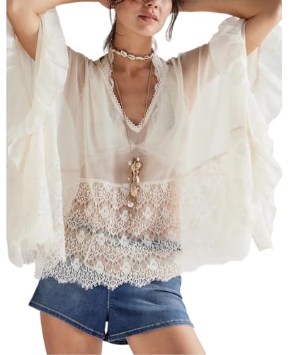 Women Sheer Poncho Tops Oversized Batwing Sleeve Blouse Contrast Lace See Through Mesh Cover Up Ruffle Flowy Boho Shirt