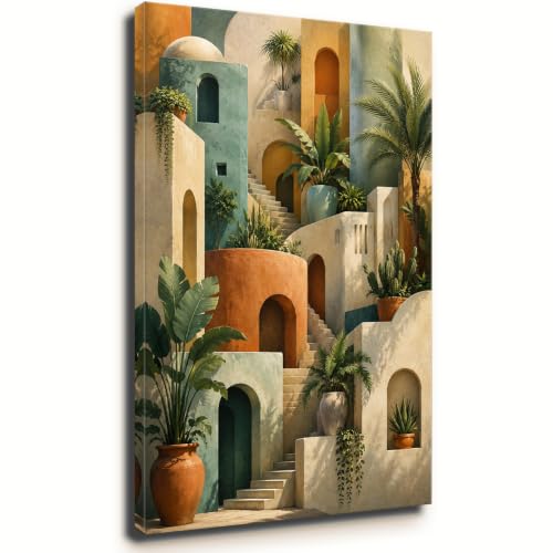 Colorful Boho Mediterranean Architecture Tropical Plant Abstract Stairs and Doors