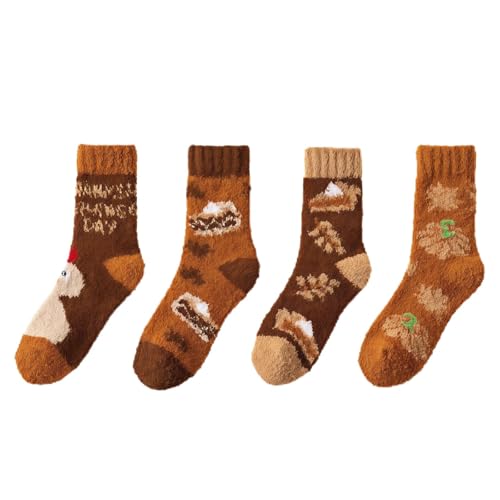Liiusgelad Fuzzy Socks for Women 4 Pairs - Buttery Soft Cozy Fluffy Slipper Socks with Pumpkin & Maple Leaf Patterns Warm Winter Fall Socks Cute Thanksgiving Christmas Birthday Gifts for Her