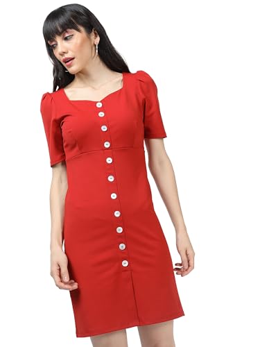 Image of Tokyo Talkies Women's Elegant Solid Sheath Dress | Short Sleeves& Front Button Detail for a Feminine Touch