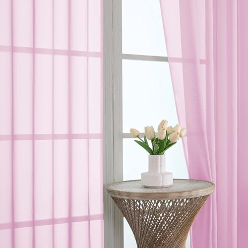 Image of OVZME Light Pink Bedroom Curtains 96 Length for Farmhouse, 59 Inch Extra Wide Light Filtering Voile Drapes Light Airy Window Decor for Patio Door Living Room Bedroom Dining, 59Wx96L Inches