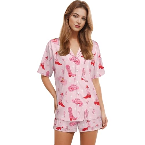 Image of Women Pajamas Shorts Sets Wild West Rodeo Cowboys PJs 2 Piece Button Down Shirt Lounge Pants Set
