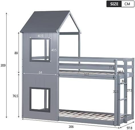 BTM Bunk Bed for Kids, 3FT-90 * 190cm Bunk beds, 2 Sleeper Treehouse Wooden Bunk Beds, Cabin Bed Frame, Mid-Sleeper with Treehouse Canopy & Ladder