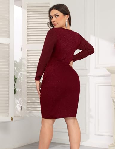 Image of CYCLAMEN 1X-4X Plus Size Sparkle Glitter Ruched Bodycon Mini Wrap Dress Sparkly Sequin Dresses Ruffle Sleeve Party Cocktail