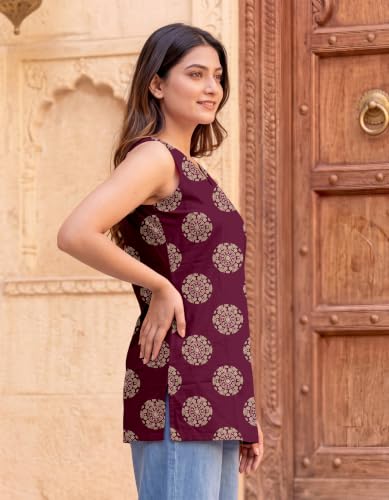 Image of Women's Printed Sleeveless Cotton Kurti Top with V-Neck, Straight Fit Casual Ethnic Tunic for Office, Daily & Casual Wear