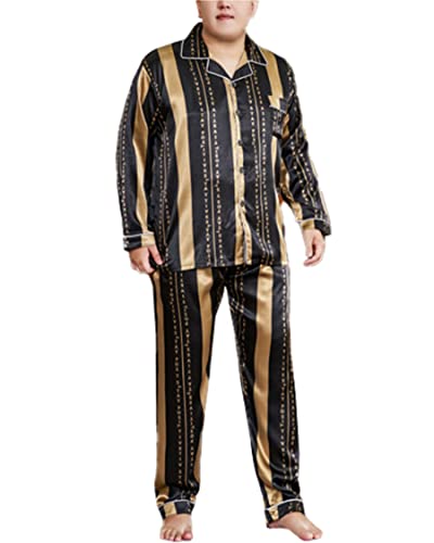 CYGE Men's Imitation Silk Satin Pajama Set 2-Piece Long Sleeve Plus Size Sleepwear Pjs Sets 3XL-5XL
