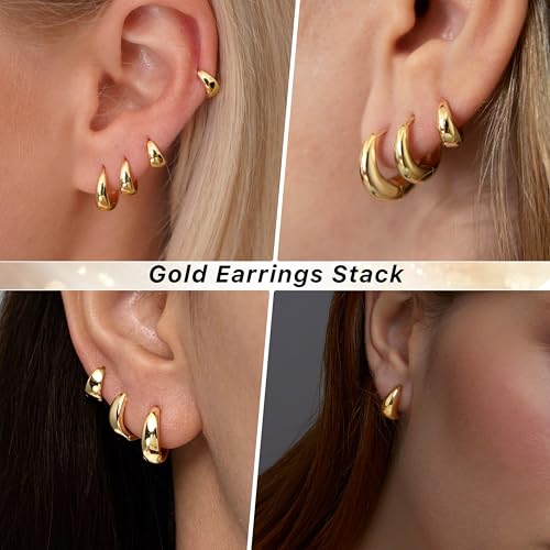 Image of Small Gold Huggie Hoop Earrings Set for Women Men Hypoallergenic 14K Plated Stack Cartilage Earrings, Sterling Silver Multiple Piercing Lightweight Mini Thin Cute Dainty Trendy Jewelry Gifts for Women